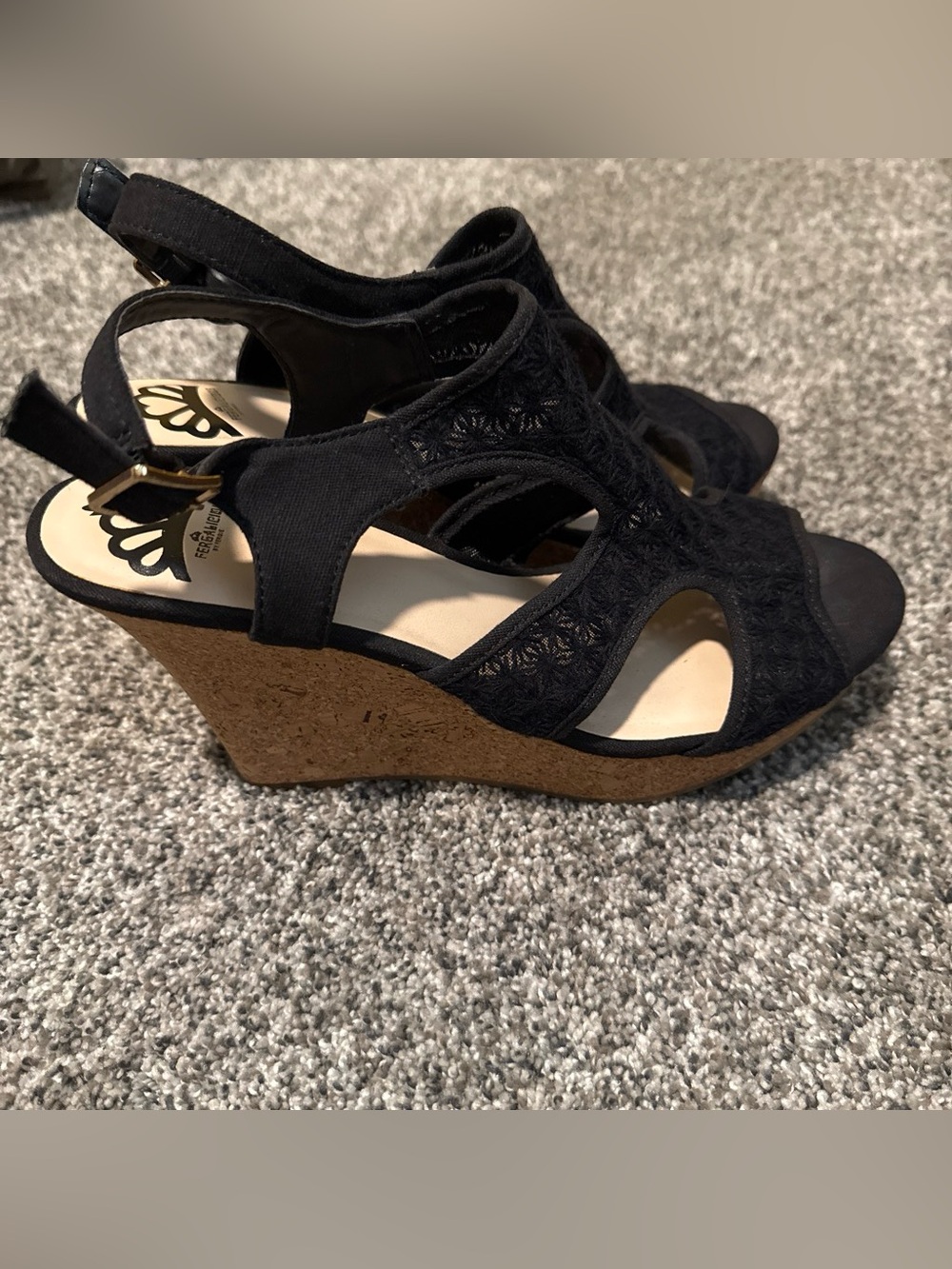 Fergalicious Black Lace Wedge Sandals with Cork Heel Size 8